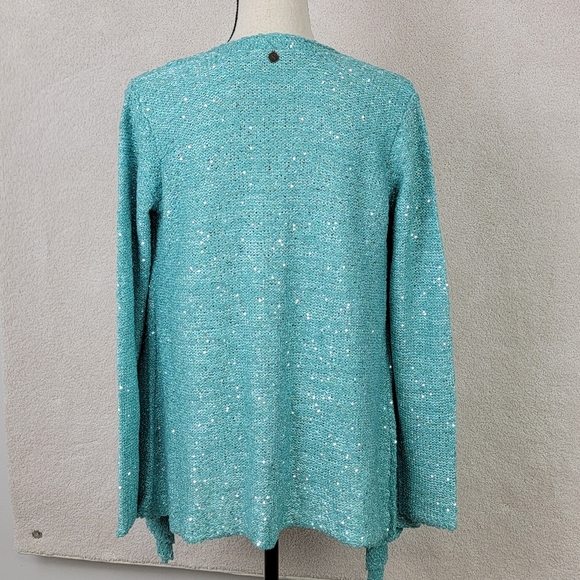 Soft Surroundings Turquoise Sequin Shimmer Open Front Elegant Cardigan Sz XS NEW - Picture 4 of 10